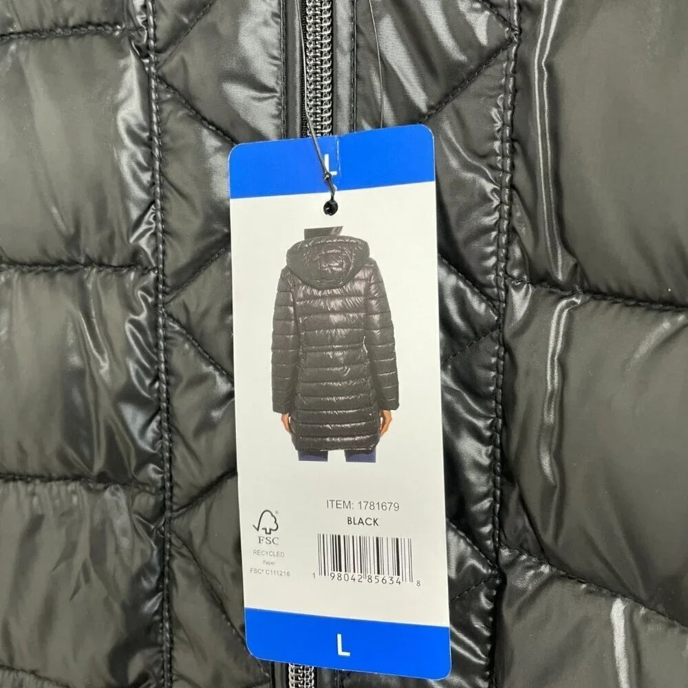 NEW Kenneth Cole Women's Size L Black Hooded Puffer Coat Full Zip